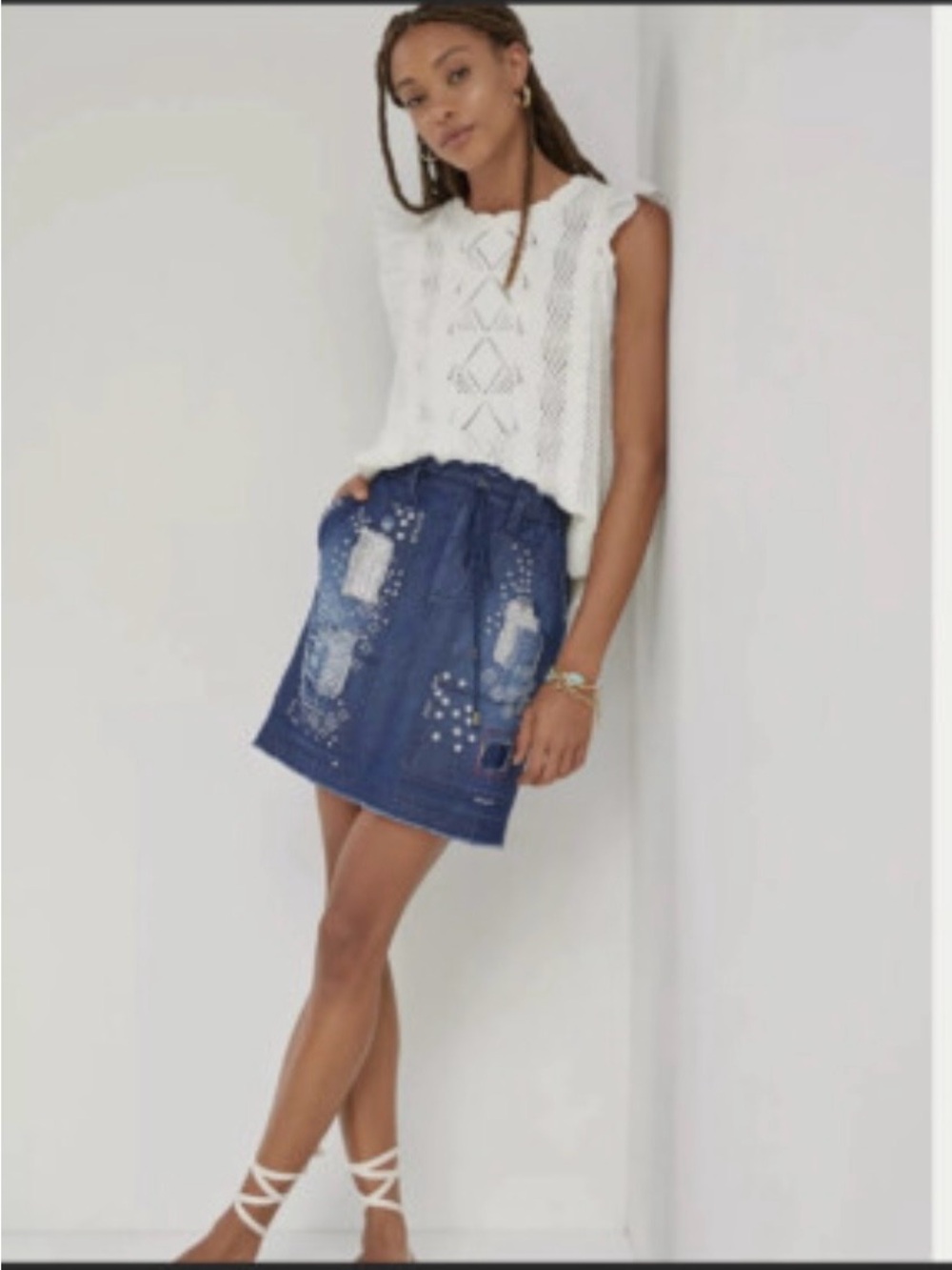 Pilcro Embroidered Indigo Denim Drawstring Skirt - Women